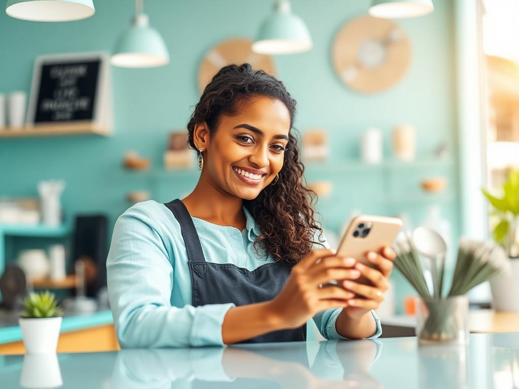 Dona de pequeno negócio respondendo clientes pelo celular