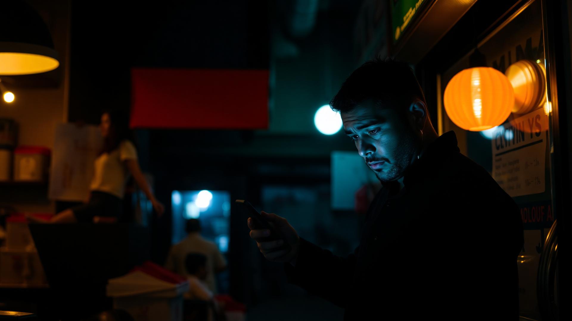 Dono de pequeno negócio olhando mensagens sem resposta no celular à noite