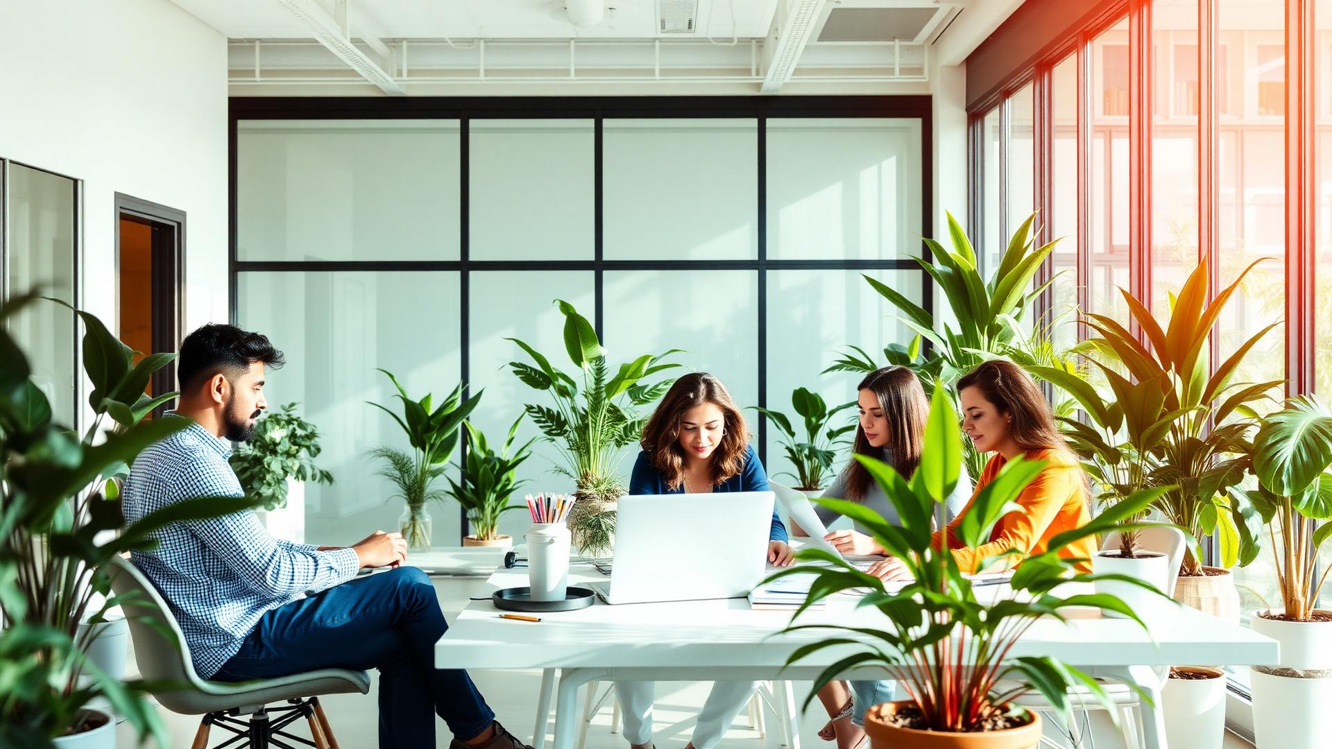 Equipe de uma pequena empresa trabalhando em escritório iluminado
